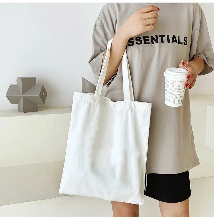 Large Capacity Black White Canvas Shoulder Tote Bag Folding Eco Cotton Handbag Reusable DIY Shoulder Bag Shopping Bag - Tasawoq