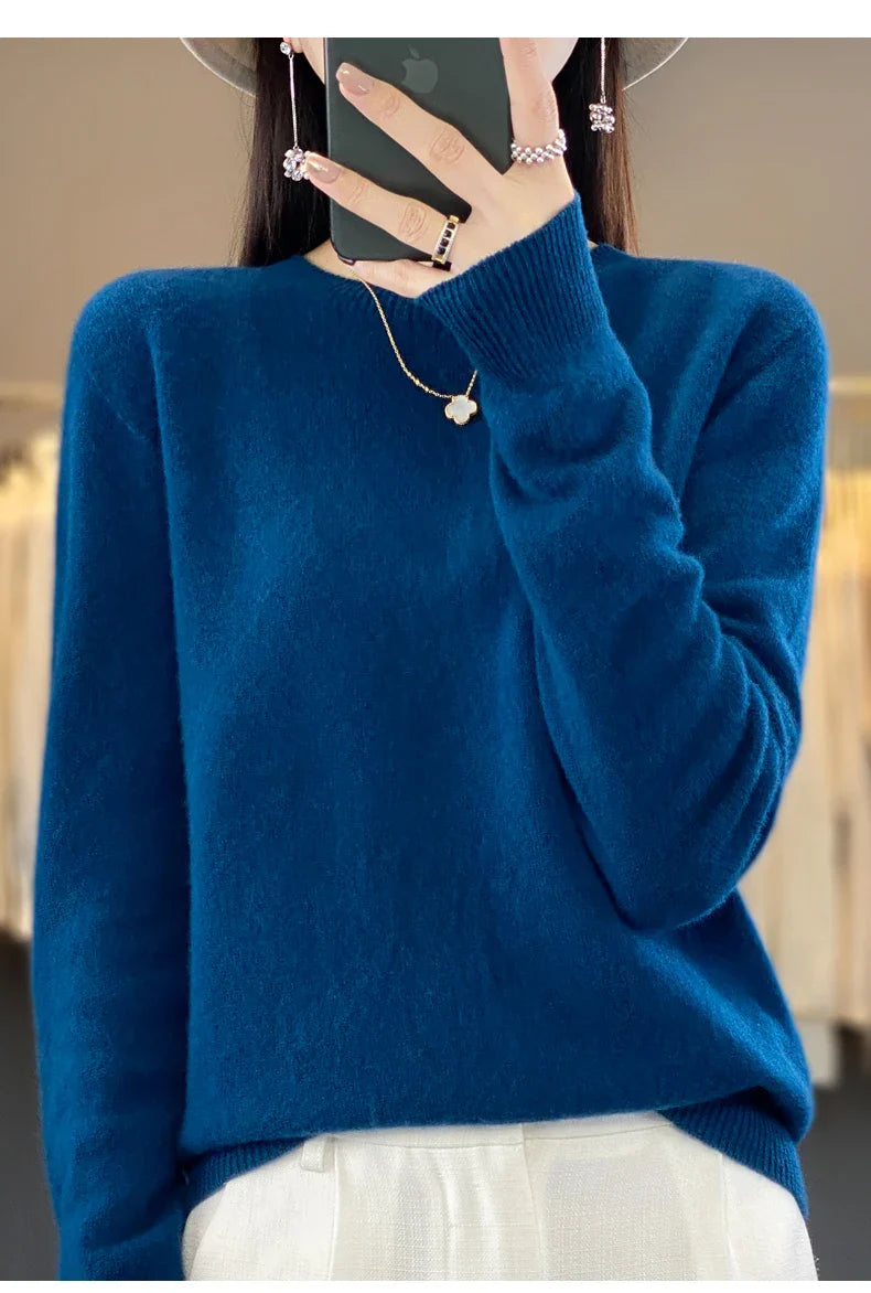 Women's 100% Beautiful Wool Round Neck Top Fashion Versatile Knitted Loose Long Sleeve Pullover Thin Sweater Yuan Ling - Tasawoq