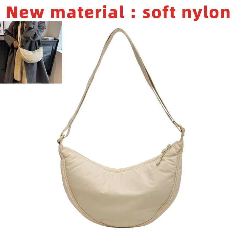 Solid Color Women's Portable Shoulder Bag Simple Female Nylon Cloth Padded Crossbody Bags Travel Purse Handbags Messenger Bag - Tasawoq