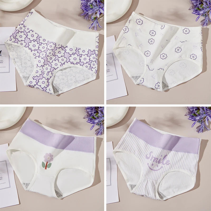 4Pcs/Set Cotton Panties Women High Waist Slimming Underwear Cute Print Young Girls Briefs Plus Size M-4XL Soft Female Lingerie - Tasawoq