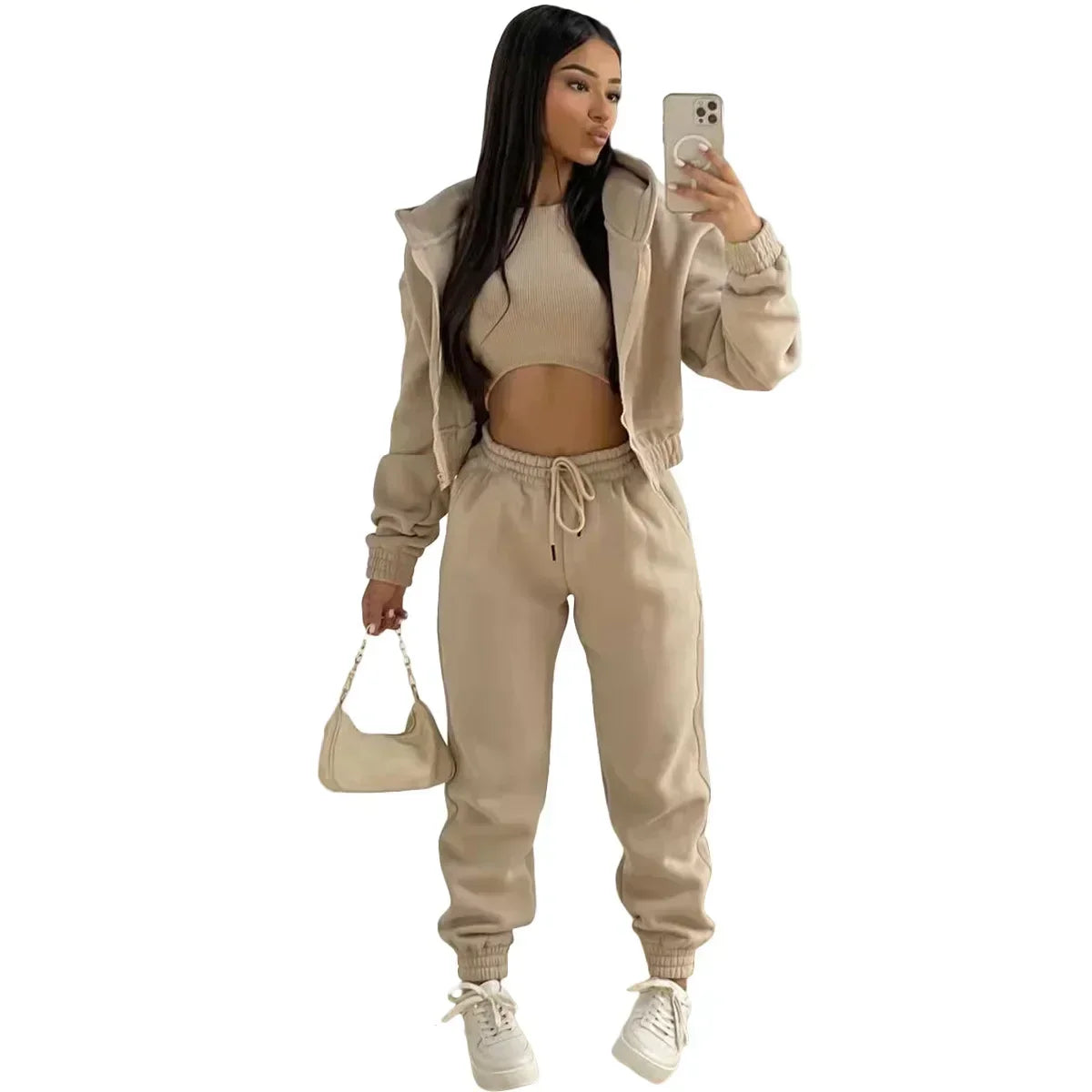 3pcs Women's Clothing Set Fleece-lined Hooded Sweater &Sleeveless Tank Top & Sports Sweatpants Pants - Tasawoq