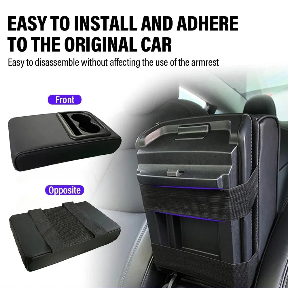 Car Armrest Box Cushion, Auto Center Console Armrest Cushion With 2 Cup Holder PU Leather Armrest Pad Portable Car Amrest Pillow