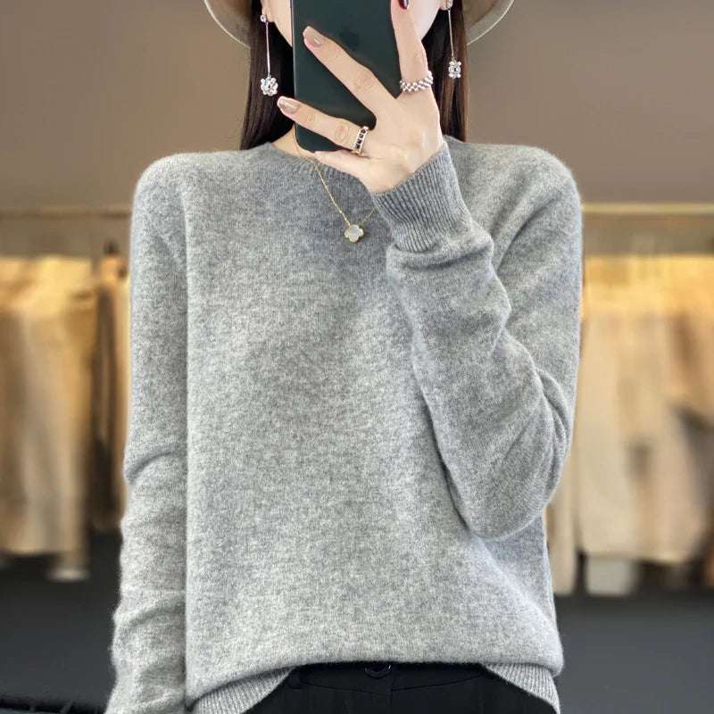 Women's 100% Beautiful Wool Round Neck Top Fashion Versatile Knitted Loose Long Sleeve Pullover Thin Sweater Yuan Ling - Tasawoq