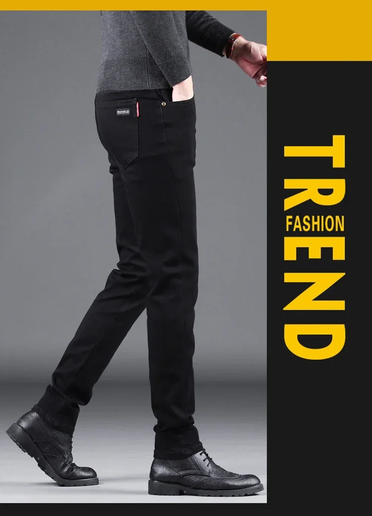 Spring Autumn New Men's Pure Black Slim Jeans Elastic Straight Pants Business Fashion Leisure Korean Vintage Denim Pants Male - Tasawoq