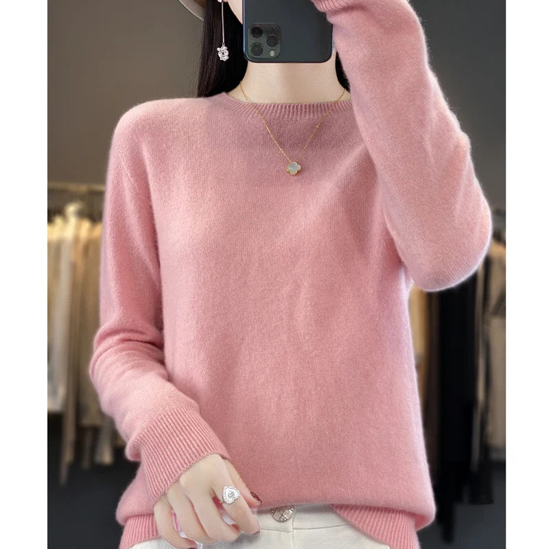 Women's 100% Beautiful Wool Round Neck Top Fashion Versatile Knitted Loose Long Sleeve Pullover Thin Sweater Yuan Ling - Tasawoq