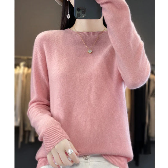 Women's 100% Beautiful Wool Round Neck Top Fashion Versatile Knitted Loose Long Sleeve Pullover Thin Sweater Yuan Ling - Tasawoq