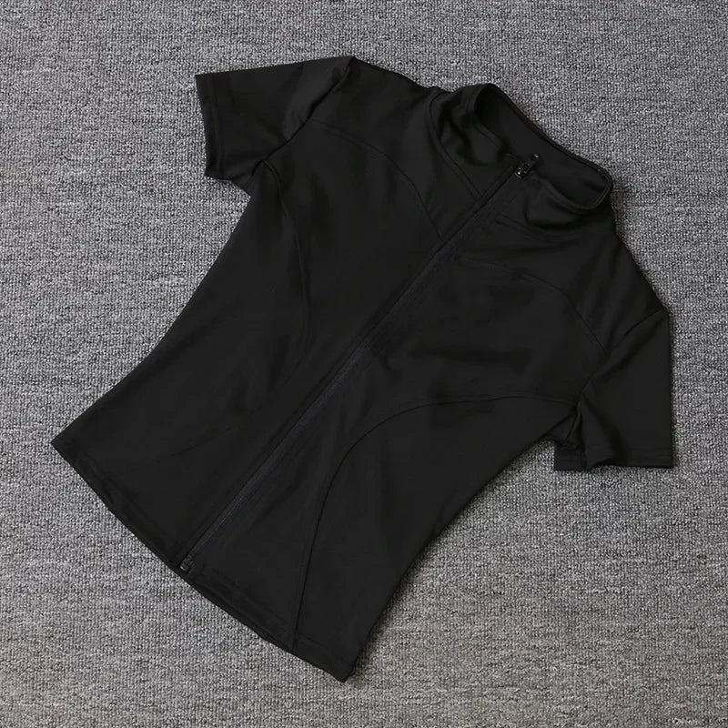 Summer High Quality Waist Slimming Training Tops Women's Quick-drying Tight Stand Collar Full Zipper Short Sleeves Yoga shirts - Tasawoq