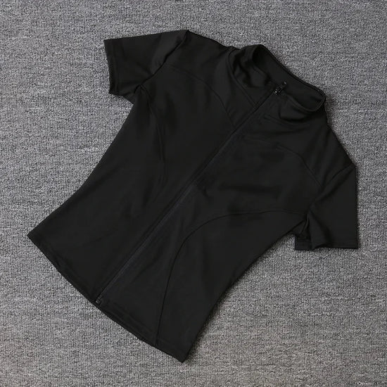 Summer High Quality Waist Slimming Training Tops Women's Quick-drying Tight Stand Collar Full Zipper Short Sleeves Yoga shirts - Tasawoq