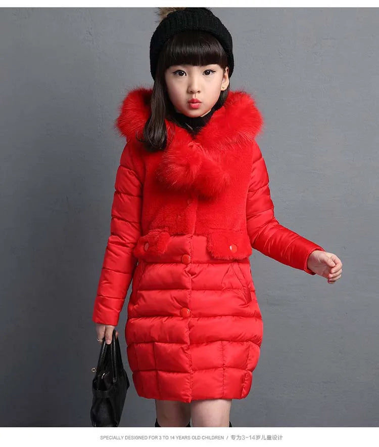 2024 Winter Warm Jackets for Girls Fashion Fur Hooded Children Girls Waterproof Outwear Kids Cotton Lined Parkas - Tasawoq