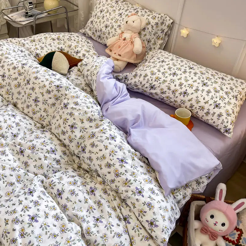 Pink Floral Bedding Set Soft Ins Single Double Queen Size Duvet Cover Flat Sheet Pillowcase Girls Home Totel Bed Linens - Tasawoq