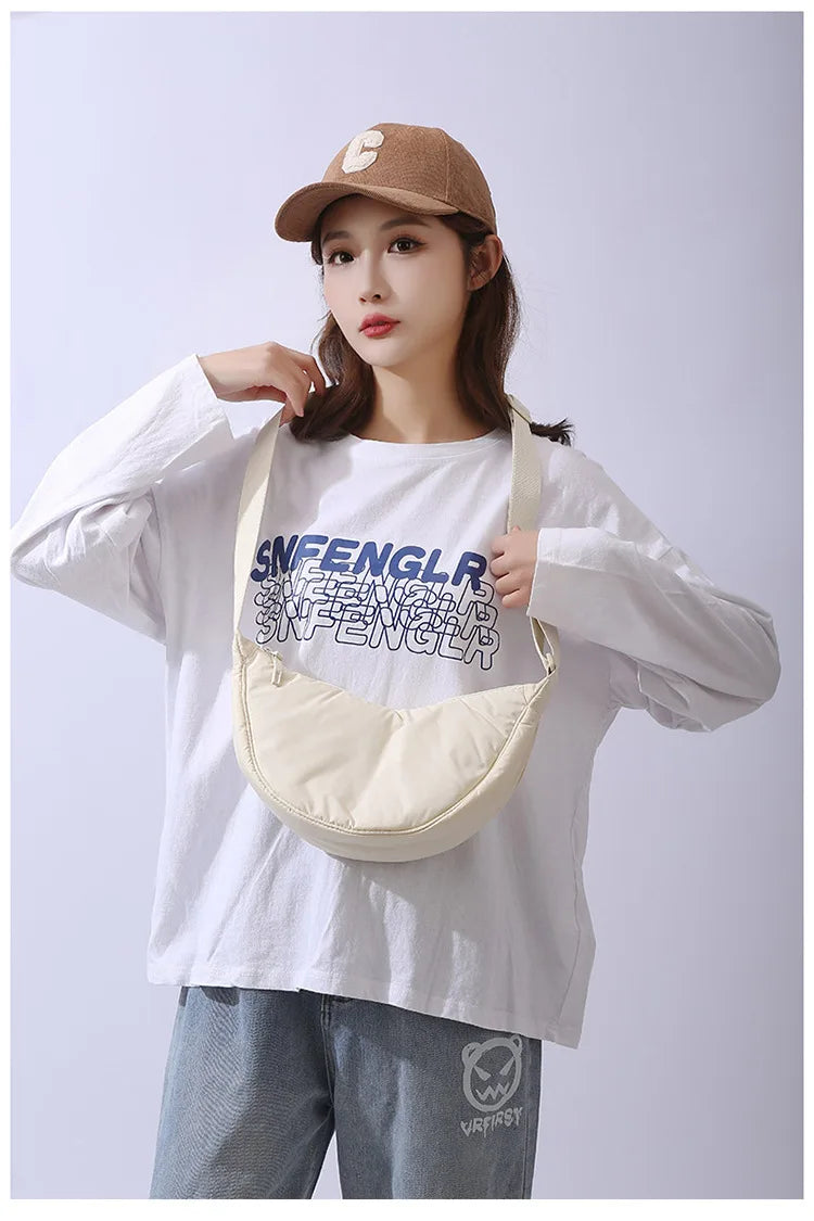 Solid Color Women's Portable Shoulder Bag Simple Female Nylon Cloth Padded Crossbody Bags Travel Purse Handbags Messenger Bag - Tasawoq