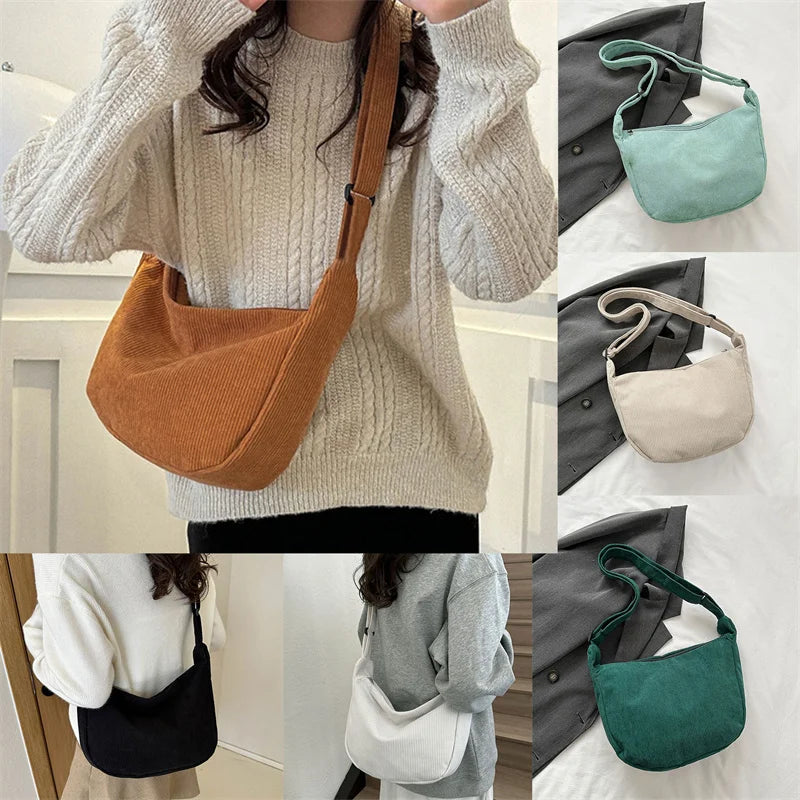Corduroy Shoulder Bag Minimalist Crossbody Bag Women's Handbags Fashion Fabric Underarm Bag Solid Color Zipper Female Handbag - Tasawoq
