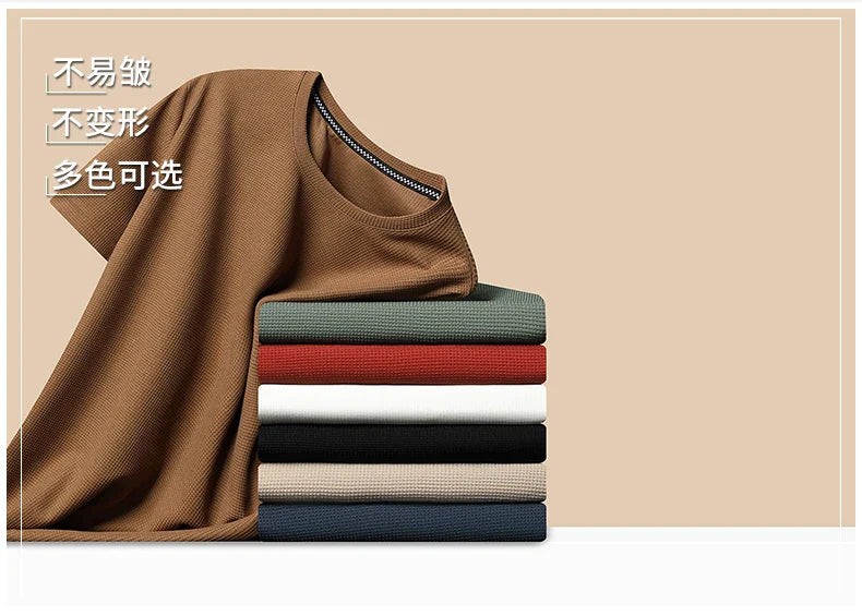 New Summer Waffle Round Neck Short Sleeved T-shirt for Men's Short Sleeved Top - Tasawoq