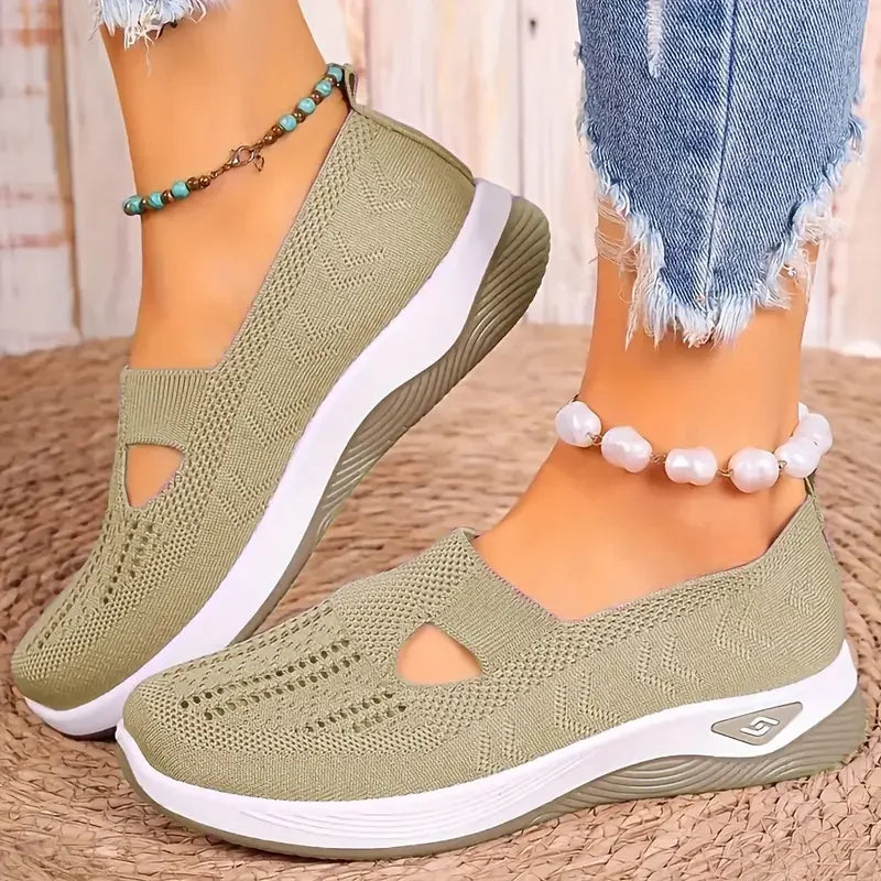 Women's Solid Color Breathable Sneakers, Soft Sole Lightweight Slip On Walking Shoes, Low-top Knitted Casual Shoes - Tasawoq
