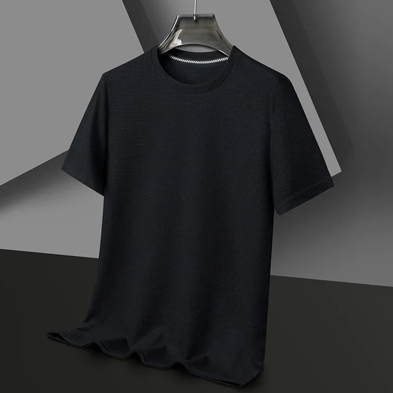 New Summer Waffle Round Neck Short Sleeved T-shirt for Men's Short Sleeved Top - Tasawoq