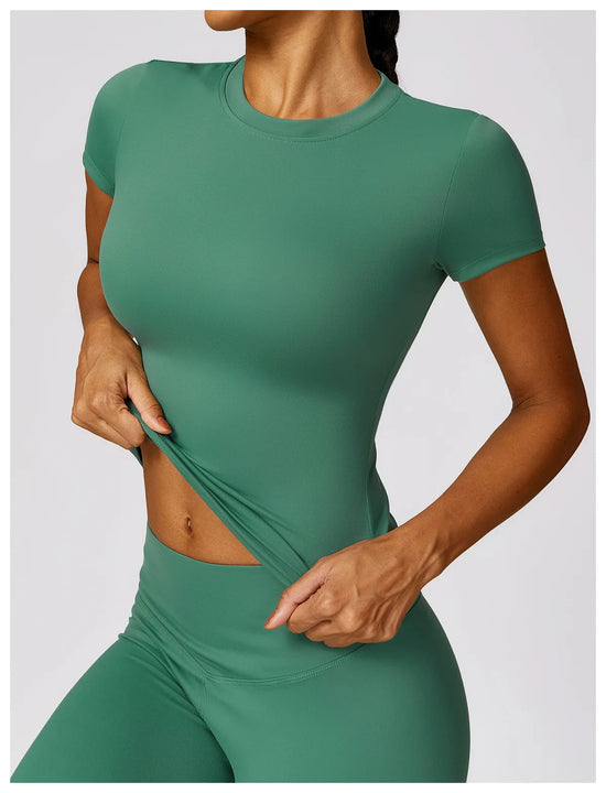 NCLAGEN Women Running Sports T Shirt Summer Short Sleeve Round Neck Breathable Stretchy GYM Yoga Slim Fitness Active Top Tee - Tasawoq