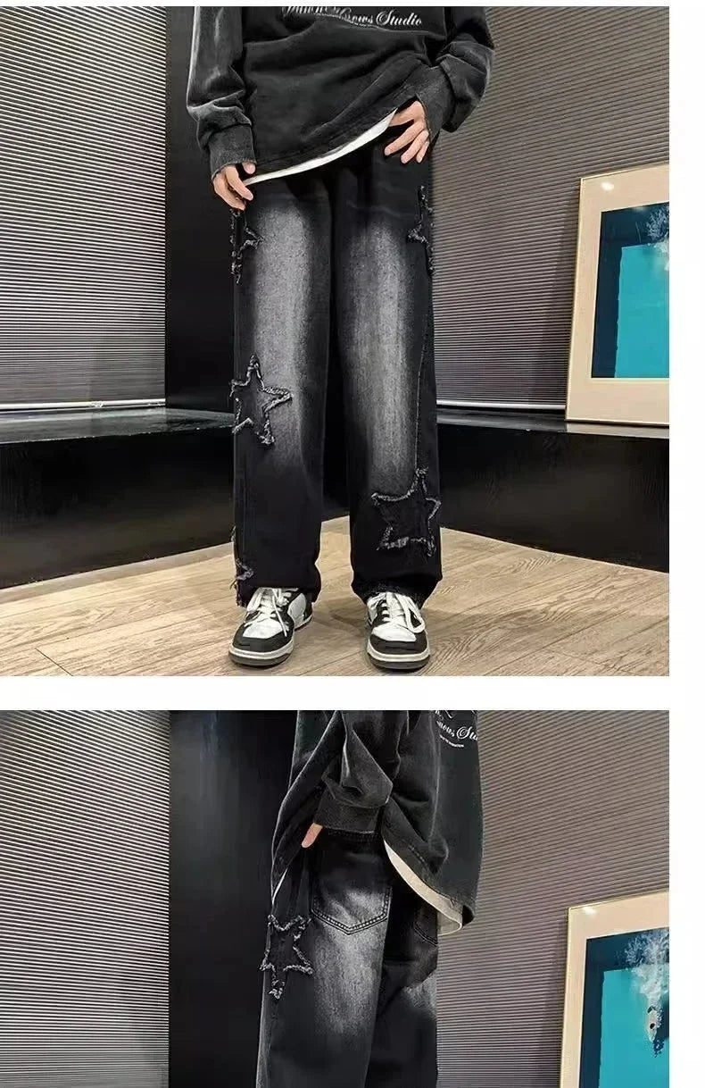 Stars Patchwork Men Jeans New Fashion Y2K Tassel Pants Korea Clothes Straight Hip Hop Splicing Trousers Male Streetwear - Tasawoq