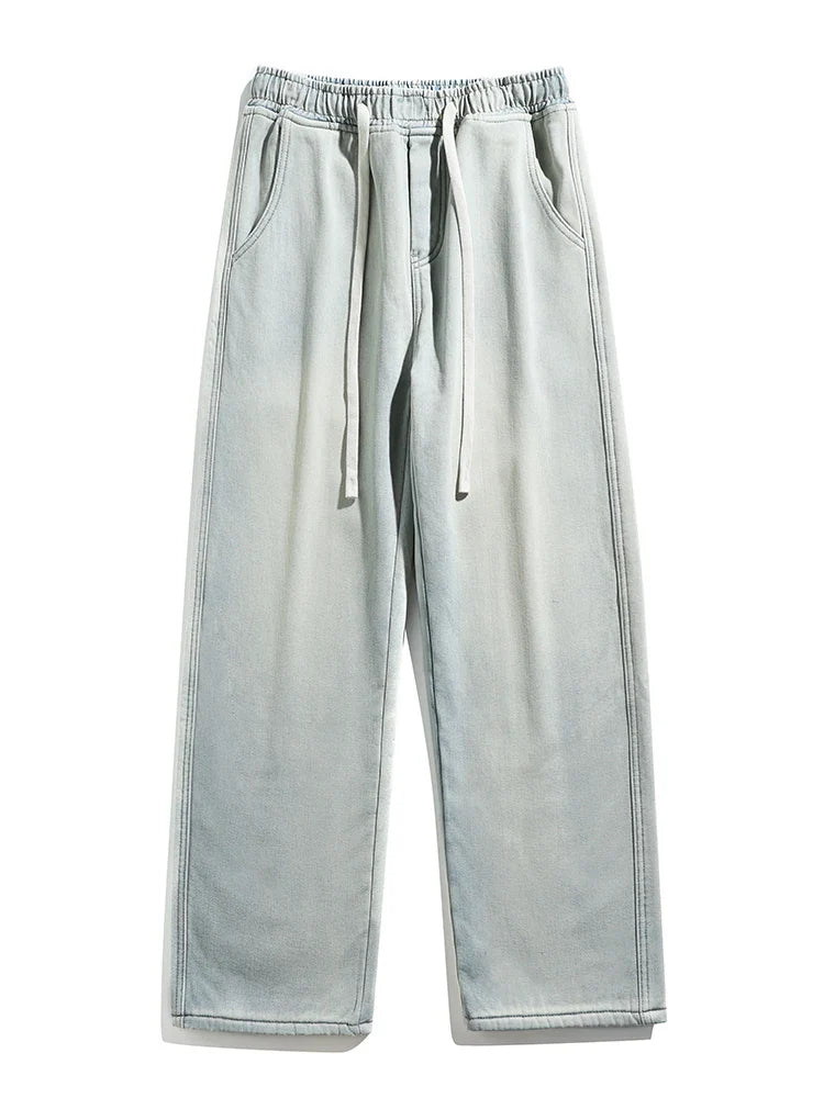 Winter Men's Jeans Korean Fashion Fleece Liner Thick Warm Straight Denim Pants Washed Cotton Retro Blue Wide Leg Jean Trousers - Tasawoq