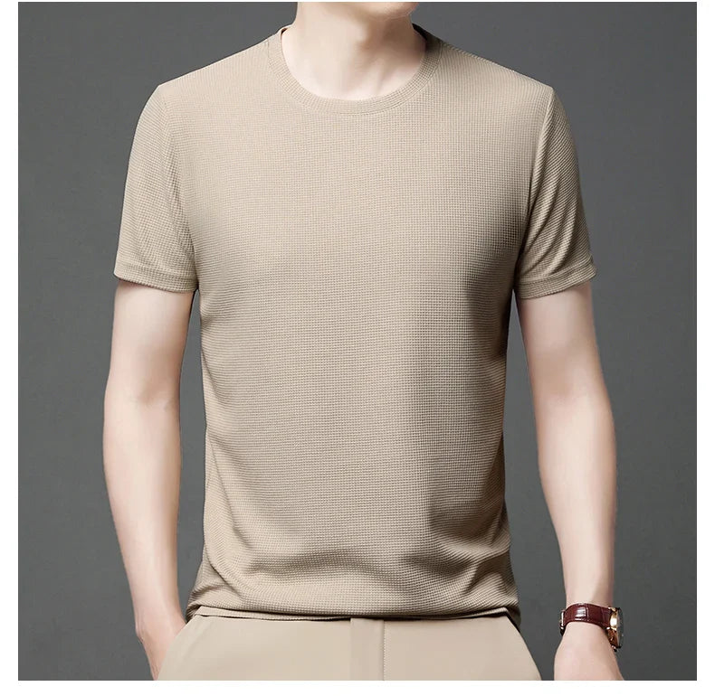 New Summer Waffle Round Neck Short Sleeved T-shirt for Men's Short Sleeved Top - Tasawoq