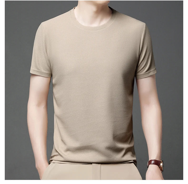 New Summer Waffle Round Neck Short Sleeved T-shirt for Men's Short Sleeved Top - Tasawoq