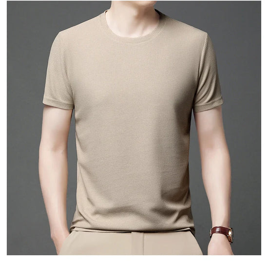 New Summer Waffle Round Neck Short Sleeved T-shirt for Men's Short Sleeved Top - Tasawoq