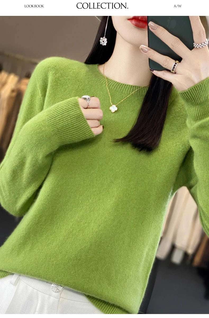 Women's 100% Beautiful Wool Round Neck Top Fashion Versatile Knitted Loose Long Sleeve Pullover Thin Sweater Yuan Ling - Tasawoq
