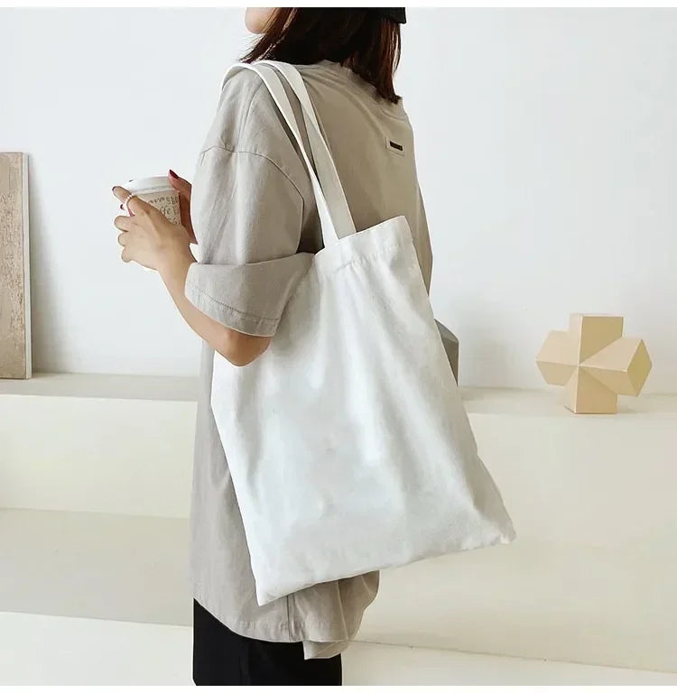 Large Capacity Black White Canvas Shoulder Tote Bag Folding Eco Cotton Handbag Reusable DIY Shoulder Bag Shopping Bag - Tasawoq