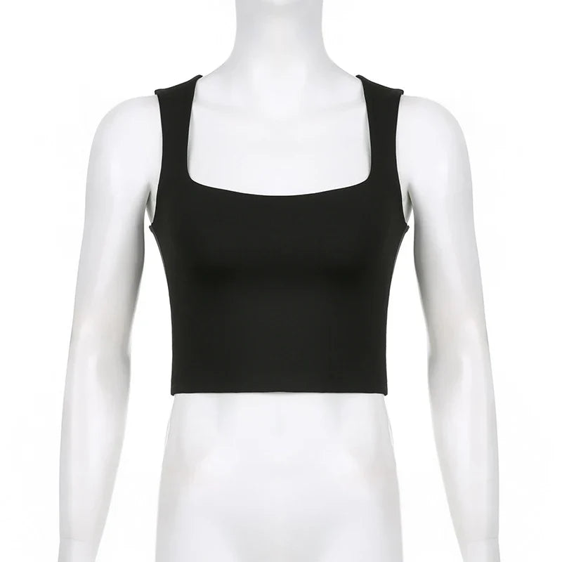 Sleeveless Collar Crop Top Women Tank Tops Casual Y2K Summer 2024 Black T Shirts Sexy - Tasawoq