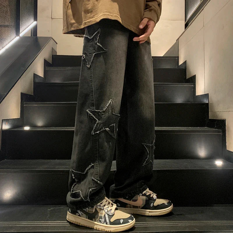 Star Embroidery Straight Casual Men Jeans Gothic Neutral New Wide Leg Loose Hip-hop Fashion Youth Streetwear Denim Trousers Y2K - Tasawoq