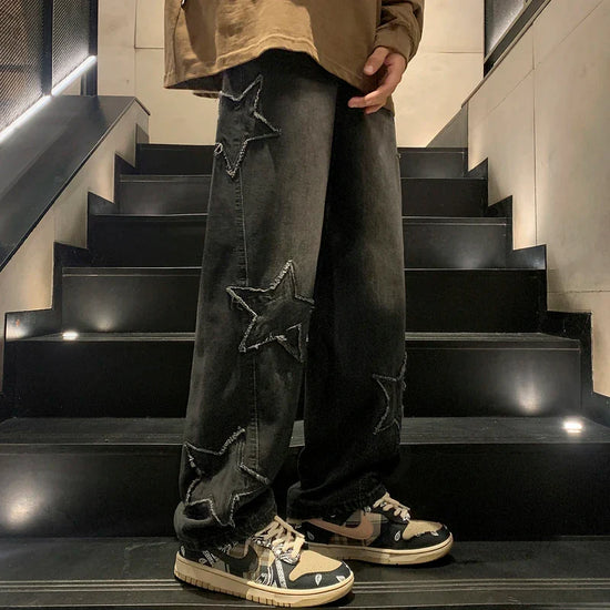 Star Embroidery Straight Casual Men Jeans Gothic Neutral New Wide Leg Loose Hip-hop Fashion Youth Streetwear Denim Trousers Y2K - Tasawoq