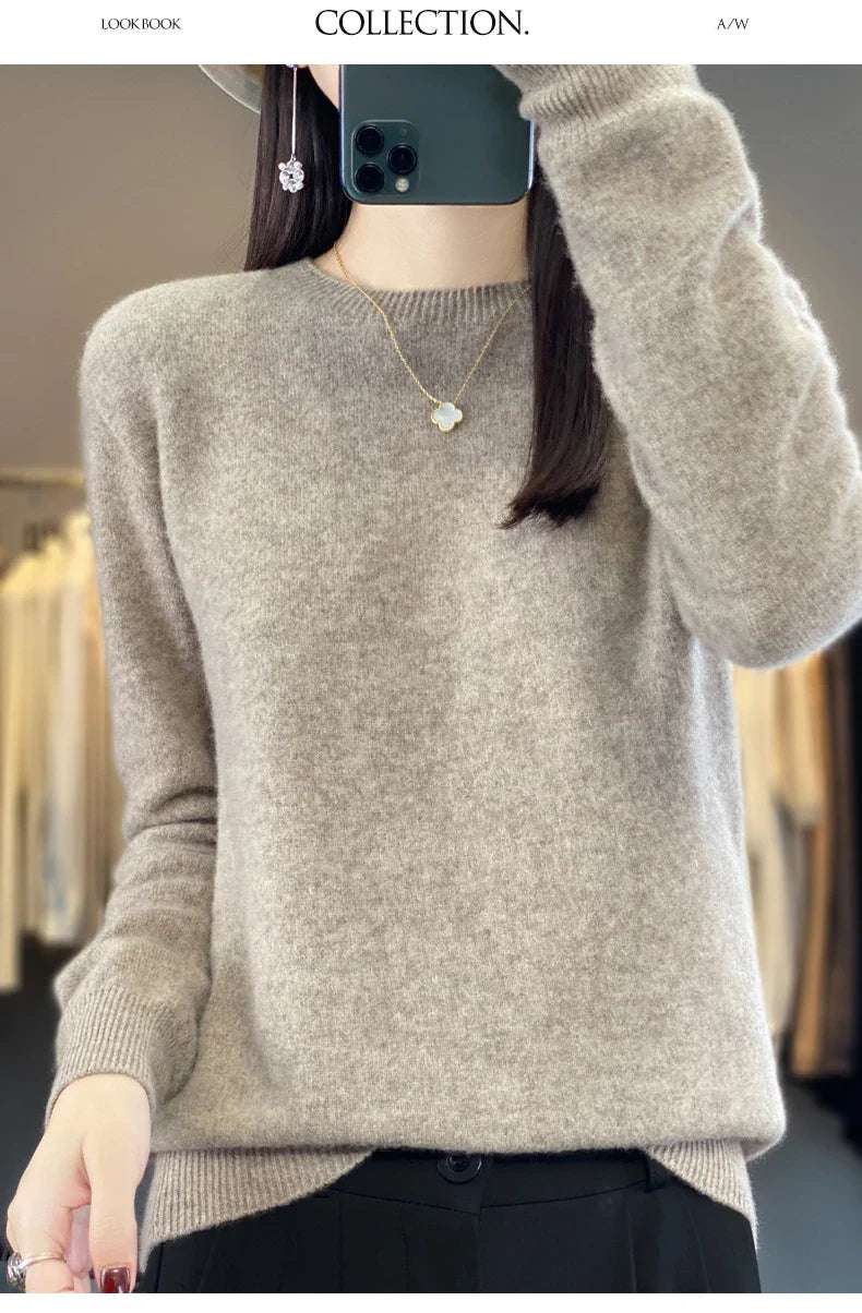 Women's 100% Beautiful Wool Round Neck Top Fashion Versatile Knitted Loose Long Sleeve Pullover Thin Sweater Yuan Ling - Tasawoq