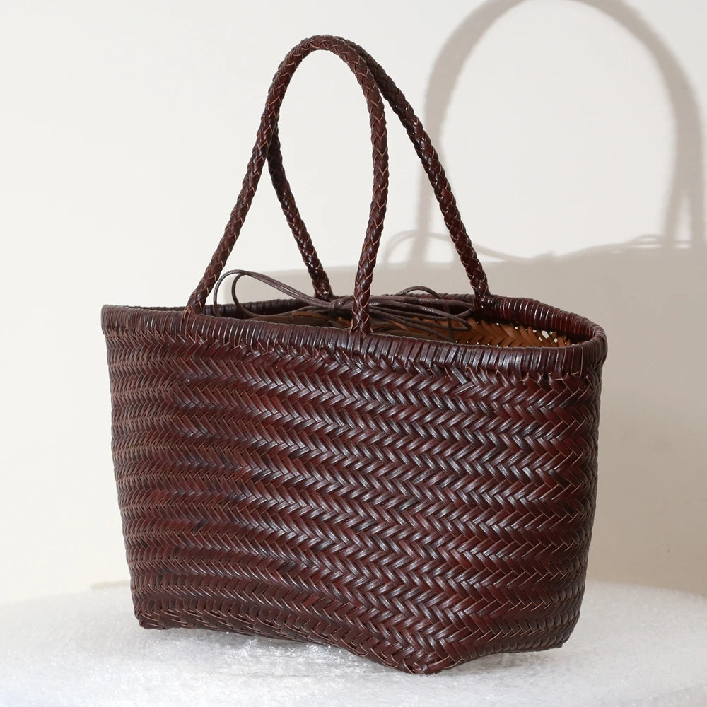 Handbags Women's Genuine Leather Shoulder Bag Weaving Casual Shopping Bag Vintage Big Tote Purse Cowhide Cross Hand Bags Lady - Tasawoq