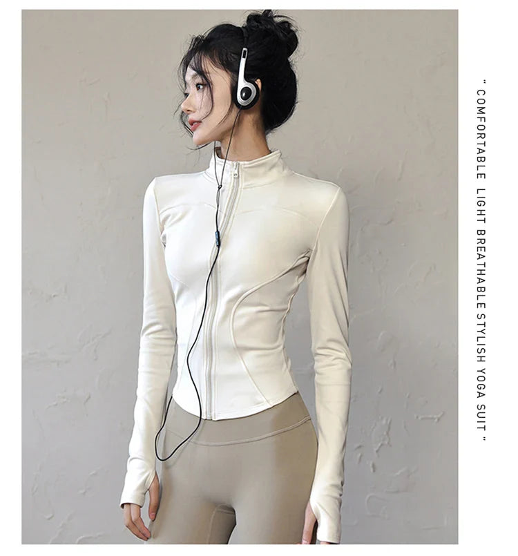 Long Sleeve Sports Jacket Women Zip Fitness Yoga Shirt Winter Warm Gym Top Activewear Running Coats Workout Clothes For Cycling - Tasawoq