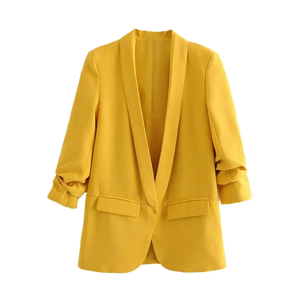 TRZA Women Fashion Office Wear Open Blazer Coat Vintage Long Pleated Sleeves Flap Pockets Female Outerwear Chic Tops - Tasawoq