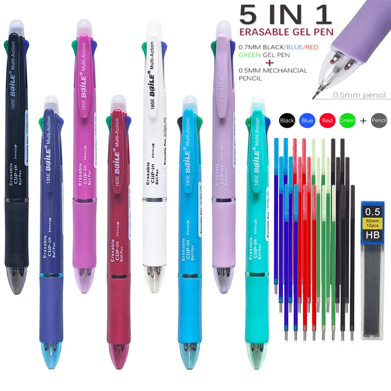 5 In 1 Multicolor Erasable Gel Pen with 4 Colors Replaceable Pen Refill 1 Automatic Pencil Lead Stationery School Writing Supply