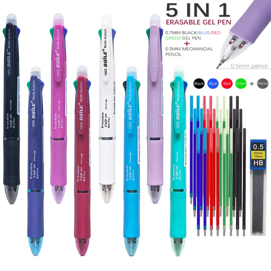 5 In 1 Multicolor Erasable Gel Pen with 4 Colors Replaceable Pen Refill 1 Automatic Pencil Lead Stationery School Writing Supply