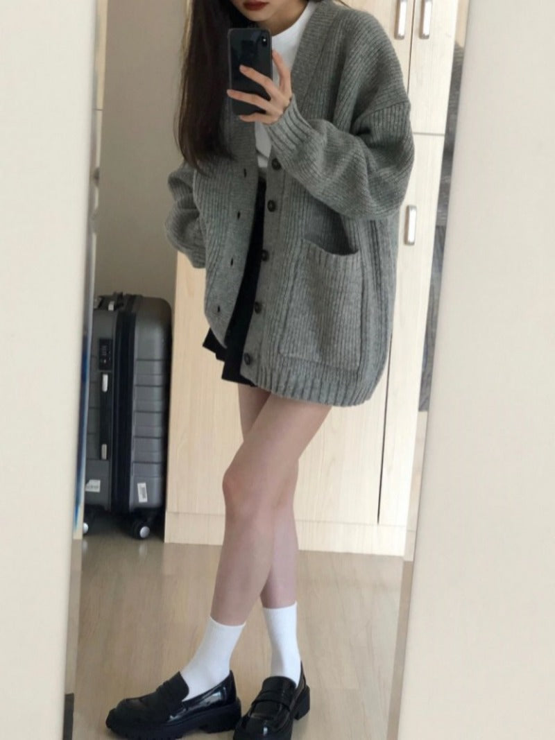 Autumn Winter Women Cardigan Sweater Coats Fashion Female Long Sleeve V-neck Loose Knitted Jackets Casual Sweater Cardigans - Tasawoq