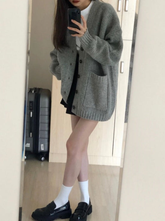 Autumn Winter Women Cardigan Sweater Coats Fashion Female Long Sleeve V-neck Loose Knitted Jackets Casual Sweater Cardigans - Tasawoq