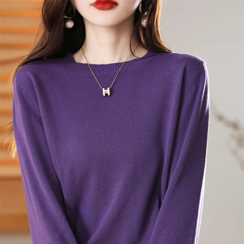 Women's 100% High-quality Cotton Knitted Sweater, Temperament Round Neck Top, Breathable And Versatile Pullover, Long Sleeved - Tasawoq