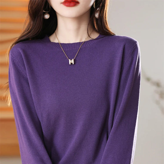 Women's 100% High-quality Cotton Knitted Sweater, Temperament Round Neck Top, Breathable And Versatile Pullover, Long Sleeved - Tasawoq
