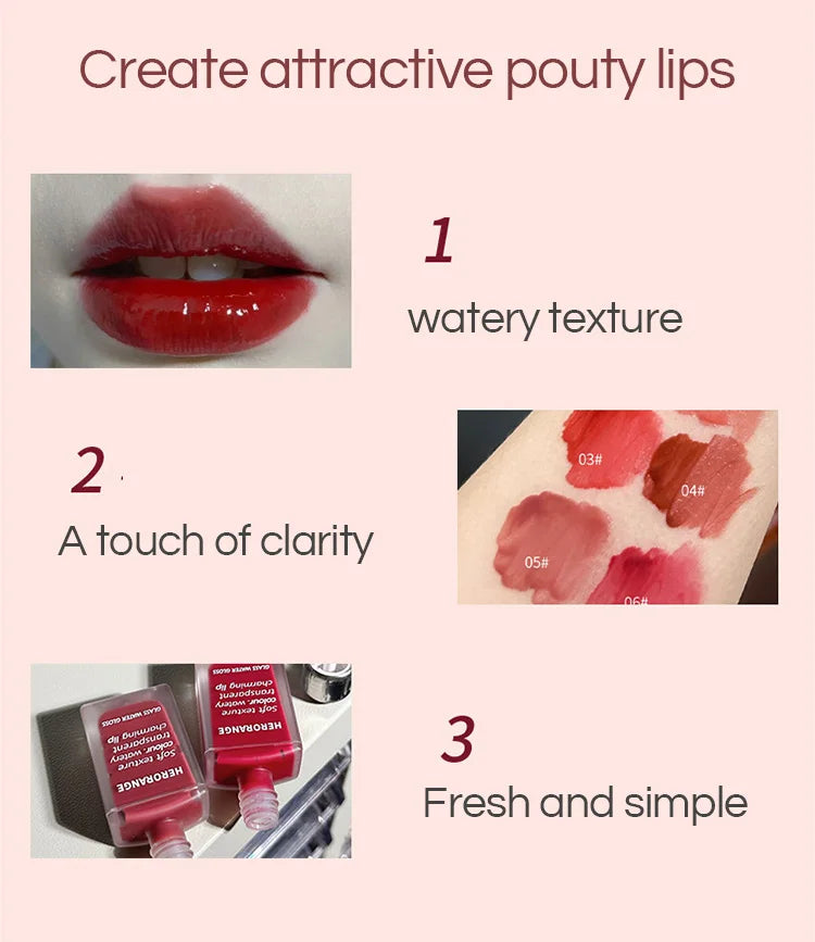 Lightly Glass Water Gloss Herorange Lip Glaze Mirror Moisturizing Plump Lips Not Easy To Stick To The Cup Long-Lasting Makeup - Tasawoq