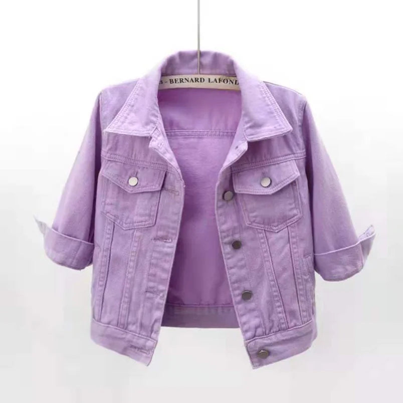 Women Denim Jacket Spring Autumn Short Coat Pink Jean Jackets Casual Tops Purple Yellow Purple Blue Loose Tops Lady Outerwear - Tasawoq