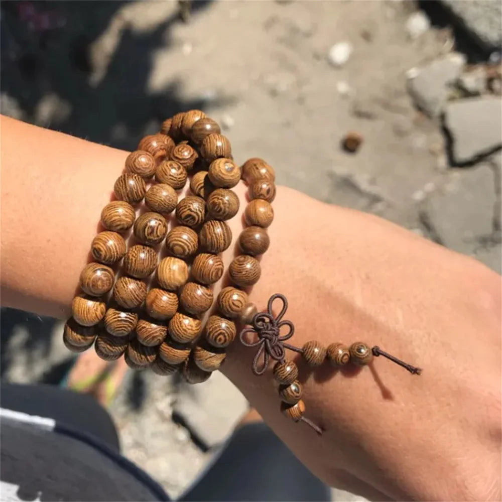 Natural Sandalwood Bracelet Men Buddhist Buddha Meditation Bead Bracelet For Women Prayer 108 Beads Rosary Hanging Decoration - Tasawoq