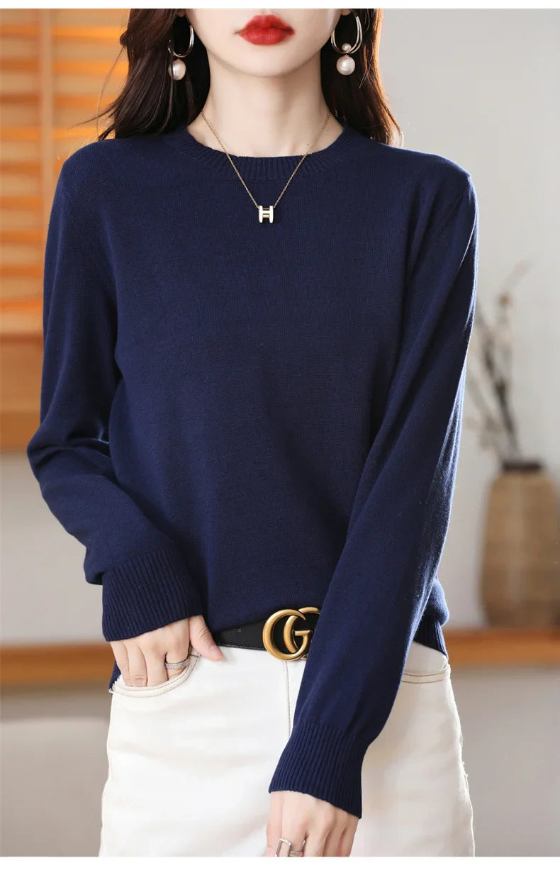 Women's 100% High-quality Cotton Knitted Sweater, Temperament Round Neck Top, Breathable And Versatile Pullover, Long Sleeved - Tasawoq