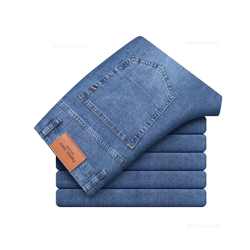 Summer Thin Men's Elastic Cotton Jeans Fashion Gray Comfortable Business Straight Casual Pants Brand Male Clothes Trousers - Tasawoq