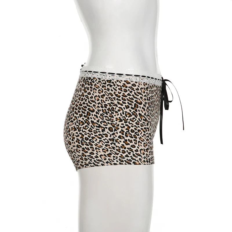 CIBBAR Hot Sexy Leopard Print Shorts Streetwear y2k Lace Patchwork Bow Low Rise Skinny Short Pants Women Vintage 2000s Clothing - Tasawoq