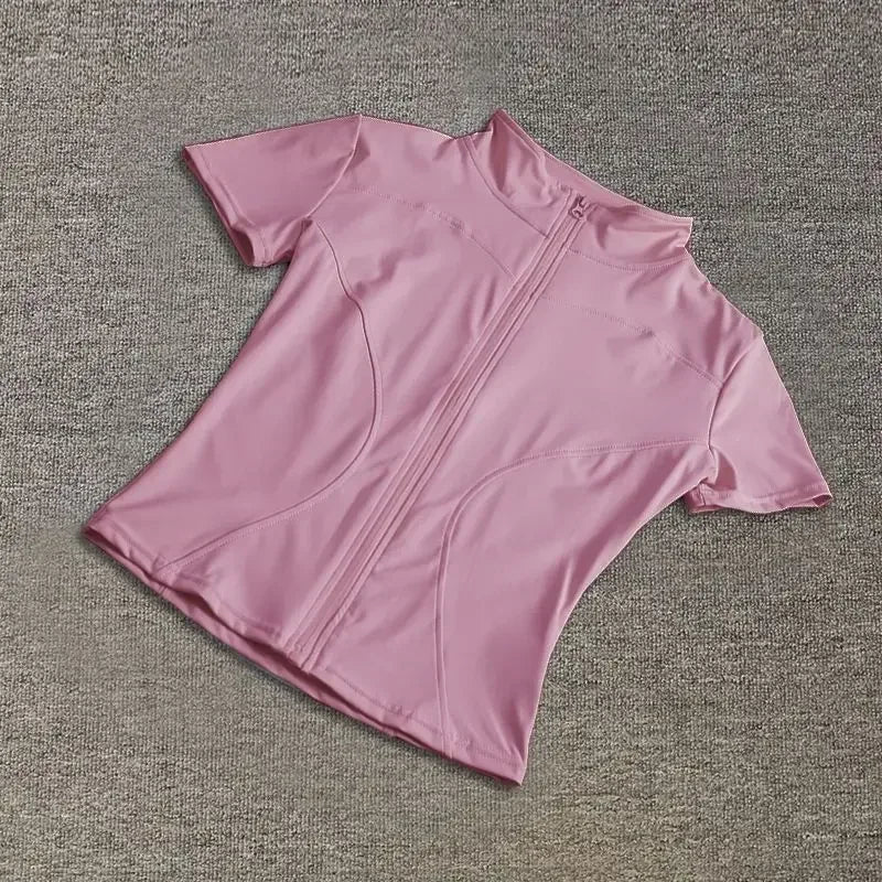 Summer High Quality Waist Slimming Training Tops Women's Quick-drying Tight Stand Collar Full Zipper Short Sleeves Yoga shirts - Tasawoq