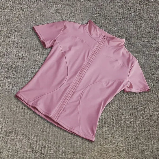 Summer High Quality Waist Slimming Training Tops Women's Quick-drying Tight Stand Collar Full Zipper Short Sleeves Yoga shirts - Tasawoq