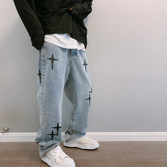 Prints Jeans Men 2023 New Streetwear Baggy Wide Leg Jeans Korean Fashion Drapes Straight Casual Loose Denim Cargo Pants - Tasawoq