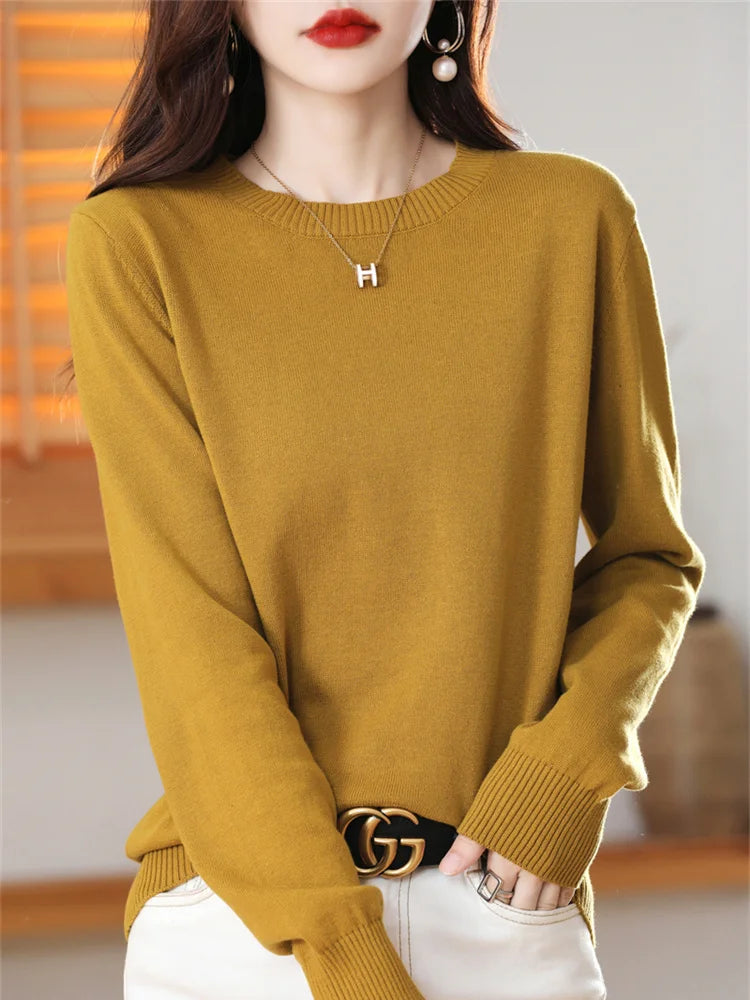 Women's 100% High-quality Cotton Knitted Sweater, Temperament Round Neck Top, Breathable And Versatile Pullover, Long Sleeved - Tasawoq